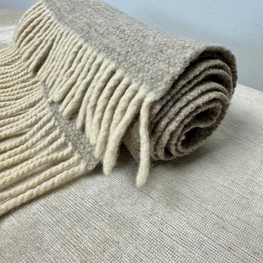 VTG Woool scarf~ beige gray with off white fringe~ thick nubby soft warm wintery neck scarves~ unisex gender neutral 