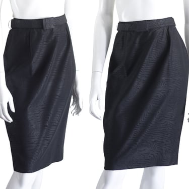 Vintage 1990s Black Moire Sheath Skirt with Belt 