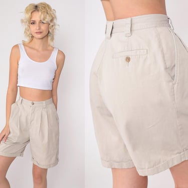 Eddie Bauer Shorts 90s Khaki Mom Shorts Pleated Cotton Safari Shorts High Waisted Rise Mid Length Retro Summer Plain Vintage 1990s Small 6 