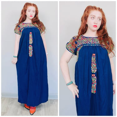1970s Vintage Navy Blue Cotton Floral Embroidered Gown / 70s Rainbow Flower Heavy Embroidery Mexican Maxi Dress / Size Medium - Large 