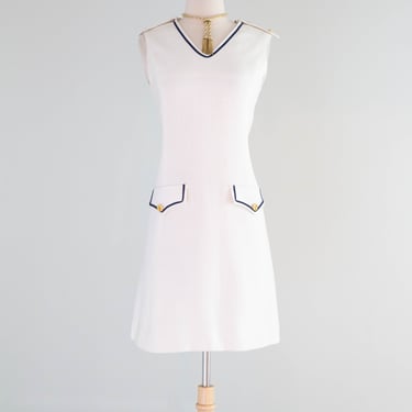 Adorable 1960's White Linen Nautical Shift Dress With Navy Trim / SM
