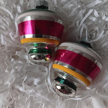 Shiny Brite Vintage Christmas Ornaments | Set of 2 in Hot Pink, Yellow, Green and White Stripes 