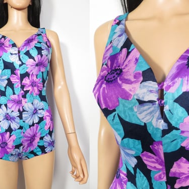Vintage 80s Does 60s Bright Floral One Piece Swimsuit Made In USA Size 10 M/L 