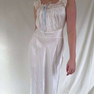 1940's White Satin Slip with Baby Blue Ribbon