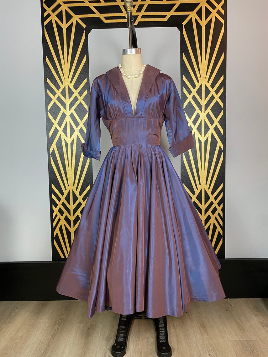 1950s party dress, iridescent sharkskin, purple taffeta