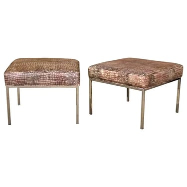 Pair of Milo Baughman Style Faux Crocodilie Upholstered Chrome Stools Ottomans