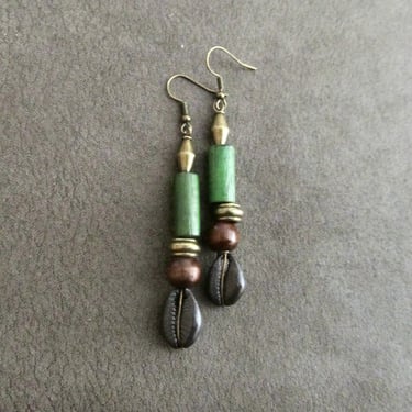 Cowrie shell earrings, black and green earrings, Afrocentric earrings, African tribal earrings, bold statement earrings, exotic earrings 