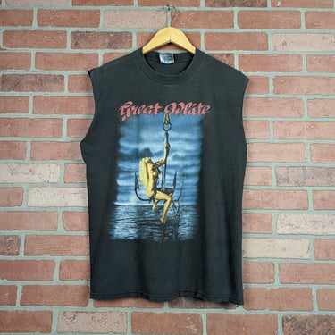 Vintage 1991 Faded Distressed Double Sided Great White ORIGINAL Cutoff Band Tour Tee - Large 
