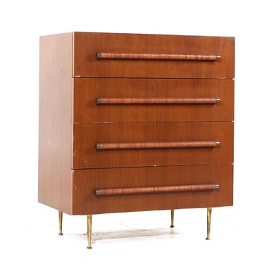 Robsjohn Gibbings for Widdicomb Mid Century Bleached Mahogany, Cane and Brass Highboy Dresser - mcm 