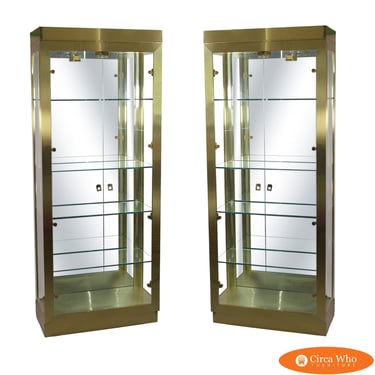 Pair of Vintage Brass and Glass Illuminated Cabinets