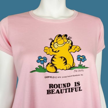 1978 vintage Garfield t-shirt. Pink baby doll maternity tee. Round Is Beautiful! Ribbed, single stitch. (OS) 