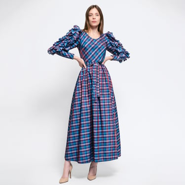 Small 80s Blue & Purple Plaid Ruffle Puff Sleeve Gown | Vintage Maximalist Fit Flare Long Sleeve Formal Maxi Dress 