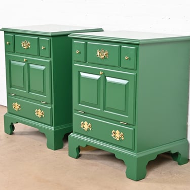 Henkel Harris American Colonial Green Lacquered Solid Cherry Wood Bedside Chests, Pair