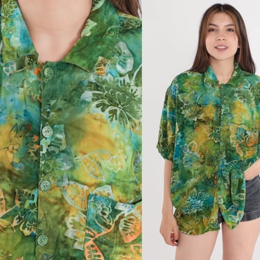Tropical Floral Shirt 90s Green Tie Dye Button Up Flower Print Surfer Vacation Short Sleeve Top Green Vintage 1990s Men's Large 