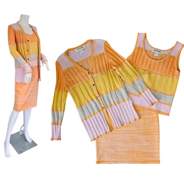 1980's Sherbert Colored 3 Pc Striped Sweater Knit Skirt I Top I Cardigan I Set I Sz Med I Eric Stevens 