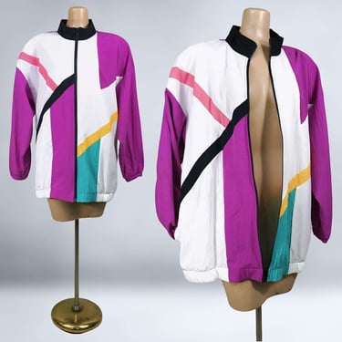 VINTAGE 80s 90s Size 20 Geometric Color Block Windbreaker Jacket by Teddi Sport | 1980s 1990s Athletic Track Jacket Plus Volup 2X 3X | vfg 