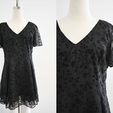 1990s Black Burnout Velvet Mini Dress 