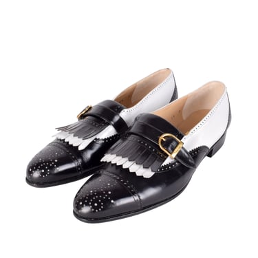 Ferragamo Vintage Black and White Leather Kiltie Buckle Shoes