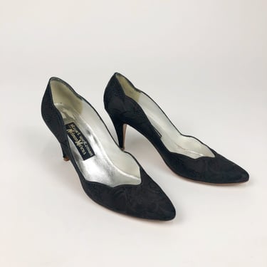 Vintage 1980s Stuart Weitzman Black Brocade Heels, 90s Does 50s Style, Mod Chic, Classic Black Heels, Size 7.5 by Mo