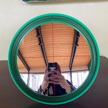 1980's Green Plastic and stainless steel Postmodern Hanging or Table Fisheye Mirror with Red Cross Mark 