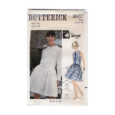 Vintage 1960s Butterick Sewing Pattern 3937, A Mary Quant Design, Misses' Mod Drop-Waist Designer Dress, Size 10 Bust 31 