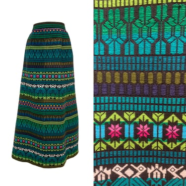 Vtg Vintage 1970s 70s ooak Custom Guatemalan Textile Jewel Tone Woven Maxi Skirt 