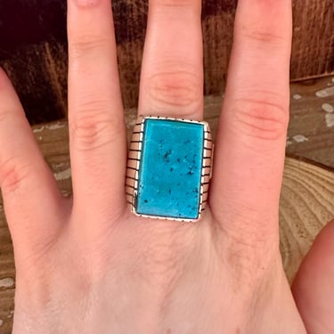 TREVOR JACK Large Square Sterling Silver & Turquoise Ring | Kingman | Navajo Native American Southwestern Jewelry | Size 10, 11, 12 