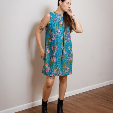 Size S/M, 1960s Sleeveless Teal Hawaiian Floral Mini Shift Dress 