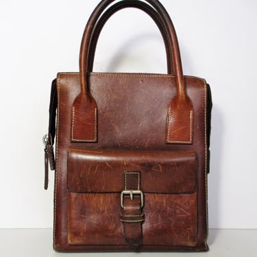 Vintage 1980s Gap Brown Leather Top Handle Bag, Boho Bucket Box Purse 