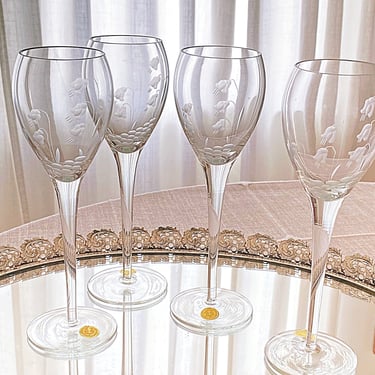 4 Tall vintage crystal wine glasses. Etched floral glass stemware made in Romania. Tulip shaped for Champagne & sparkling wines 