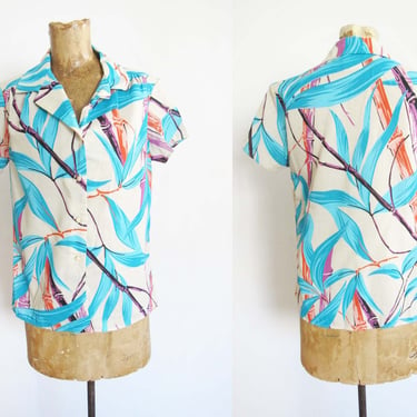 Vintage 80s Tropical Shirt S M - Womens Hawaiian Button Up Shirt - Tiki Shirt - Aloha Shirt - Teal Blue  Beige Cotton Hawaiian Shirt 