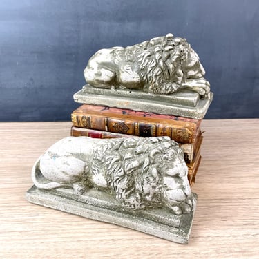 Cast stone lion bookends - made in Canada - 1990s vintage 
