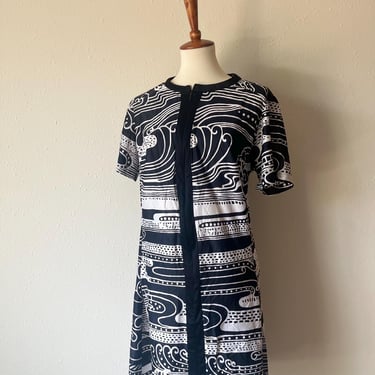 vintage 60s thin black and white mod shift dress size large 