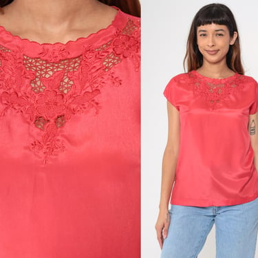 Embroidered Cutout Blouse 90s Coral Pink Satin Top Floral Cutwork Shirt Eyelet Cut Out Short Sleeve Scalloped Bohemian Vintage 1980s Medium 