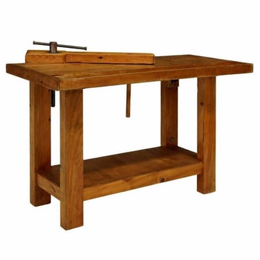 Vintage Carpentry Woodworking Pine Workbench Table w/ Iron Vice Clamp - farmhouse kitchen island potting bench 