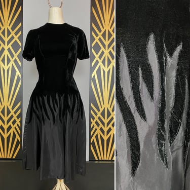 1940s velvet dress, flame print, vintage 40s dress, black taffeta, size xx-small, film noir style, gothic dress, 23 24 waist, novelty print 