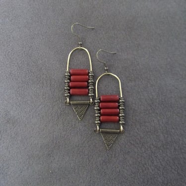 Chandelier earrings, Afrocentric jasper and bronze ethnic statement earrings, rust red stone 2 