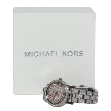 Michael Kors - Silver Stainless Steel Watch w/ Crystal Stones and Rose Gold Details