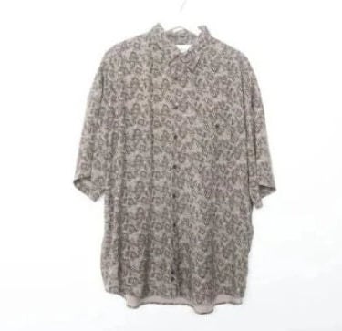 vintage SILK paisley style vintage OVERSIZE tan/grey 1990s silk button down BOWLER shirt -- size xl 