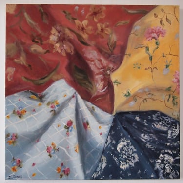 Original Vintage PAINTING of 4 FABRICS Floral Pattern Upholstery 24x24