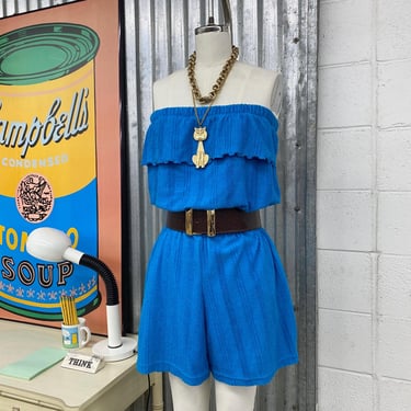 Vintage Strapless Romper Retro 1980s No Size Tag + Terry Cloth + Cobalt Blue + Ruffle + Tube Top + Playsuit + High Rise + Womens Apparel 