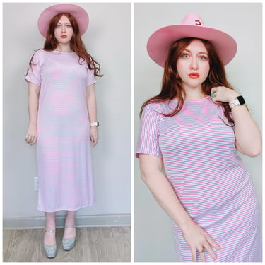 1980s Vintage Pastel Striped Knit Dress / 80s / Eighties Pink and Purple Cap Sleeve New Wave Dress / One Size 