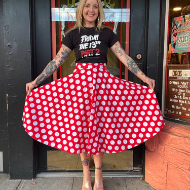 Vintage red + white polka dot midi skirt