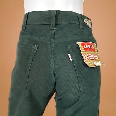 1970s green corduroy LEVI'S vintage deadstock with unusual PANA tags mid rise hippie  bell bottoms cotton/poly blend unisex (28 x 33) 