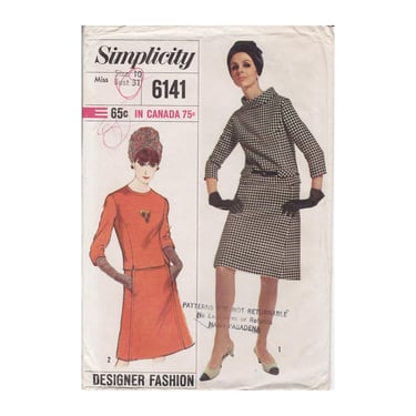 Vintage 1965 Simplicity Sewing Pattern 6141, Misses' Two-Piece Dress, 60s MOD Designer Fashion, Size 10 