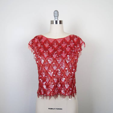 Vintage 1960s beaded sequined knit top red sleeveless evening party cocktail 