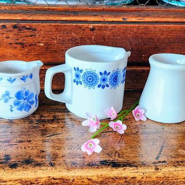 3 Small China Cream Pitchers~Vintage Blue & White Creamers 