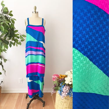 1970s Brijo Silk Maxi Dress - Pink Teal Blue Column Dress Spaghetti Strap Summer Dress 