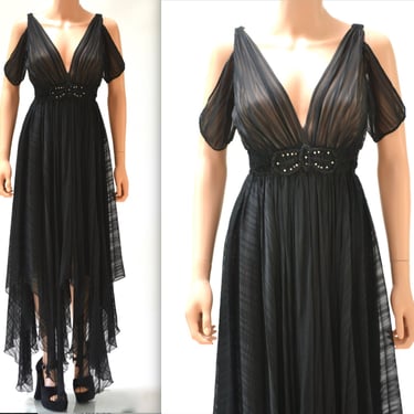 Black Silk Evening Gown Dress Size Small Plunging Neckline Open Shoulder// 80s does 20s Vintage Flapper Dress Size Small Black Silk Dress 