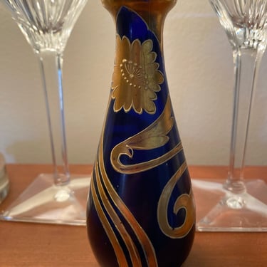 Antique Art Nouveau Cobalt Blue Glass 14k Gold Paint, White Embossed HighlightsHand Blown, Henry Martin, Rare Glass Collectible Small Vase 